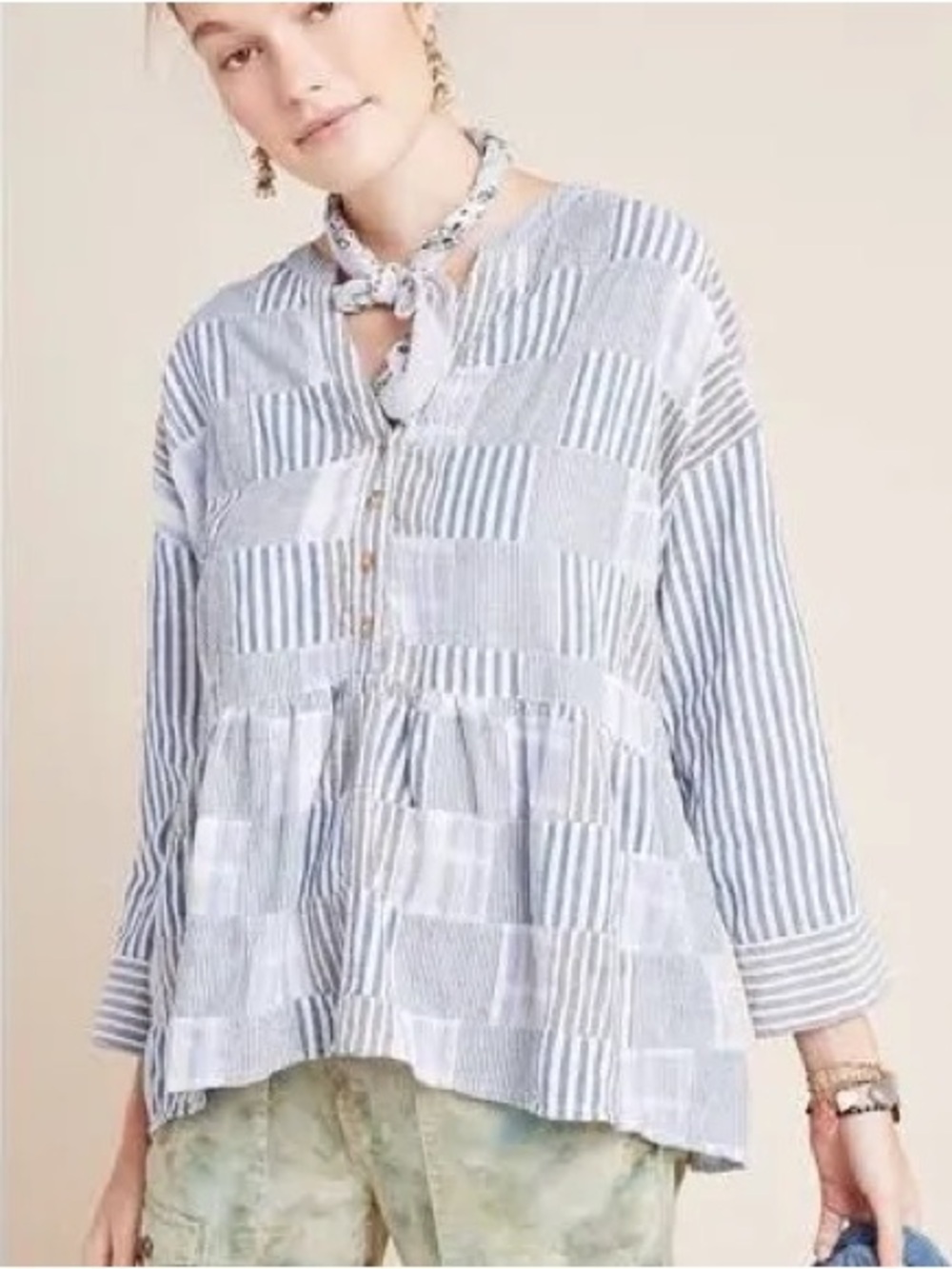 Anthropologie Maeve Blue and White Striped Patchwork Zoe Swing Tunic